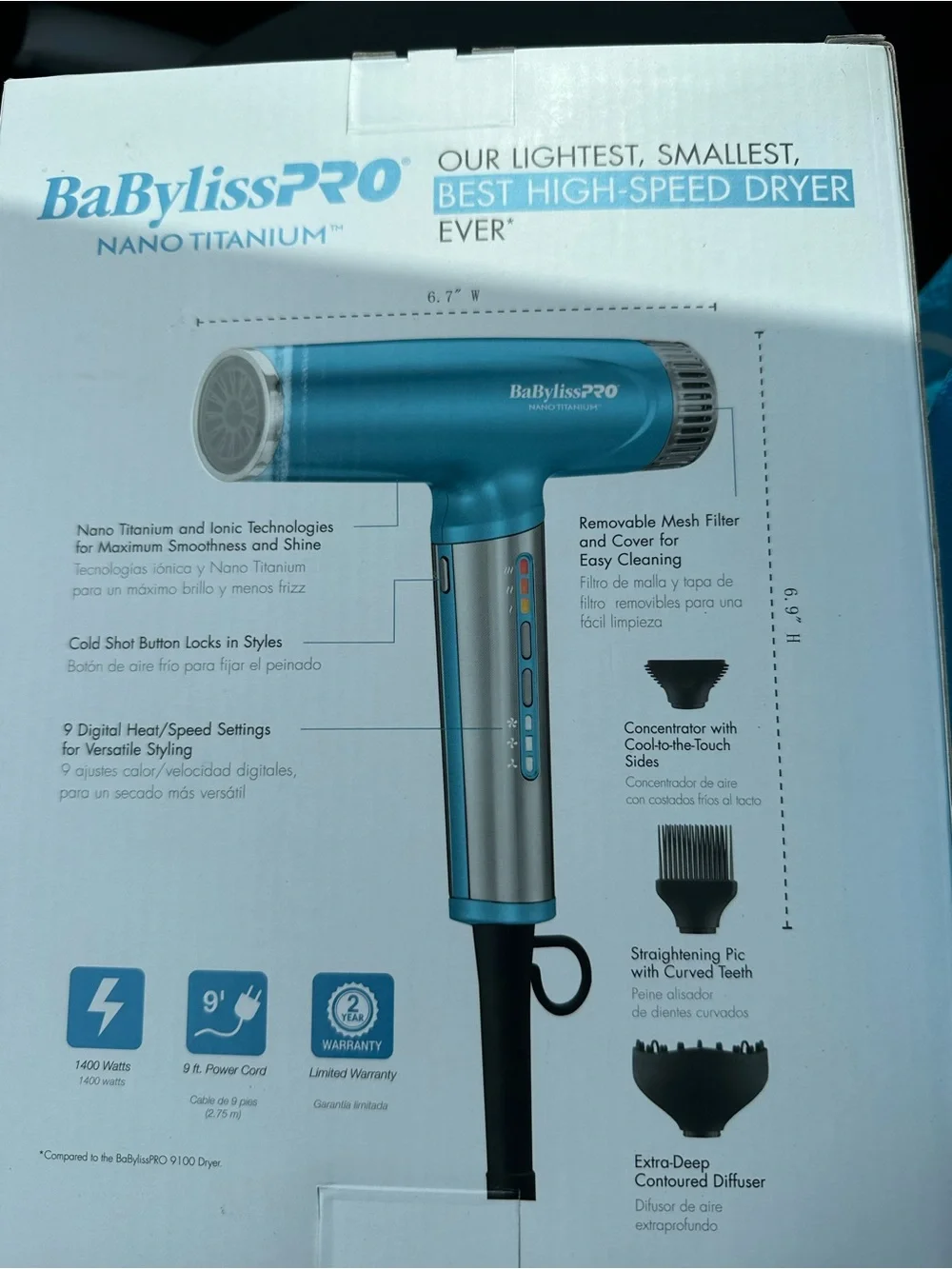 BaBylissPRO Nano Titanium Ionic Hair Dryer in Light Blue and Silver